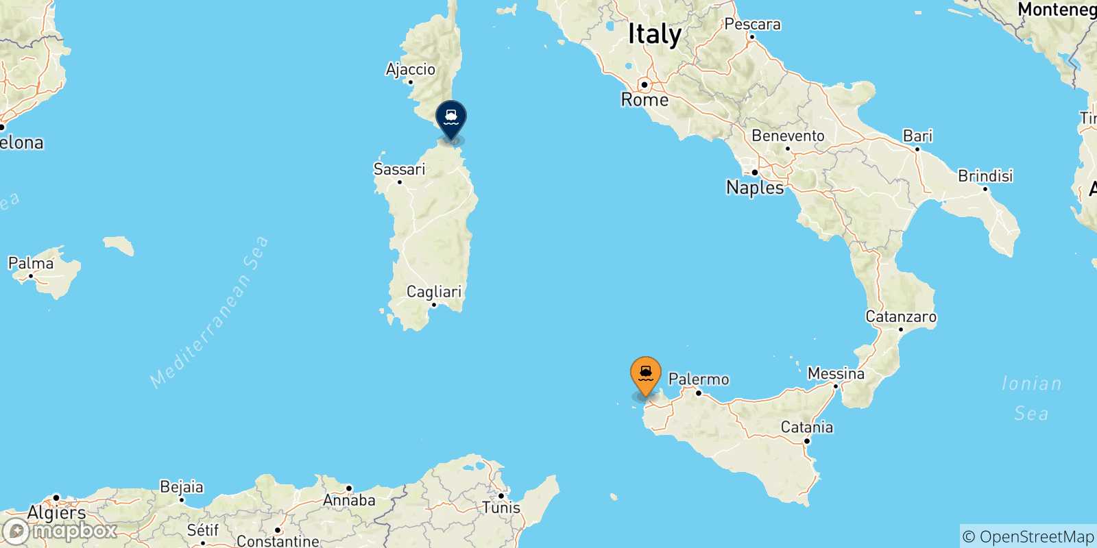 Mappa delle possibili rotte tra Trapani e la Sardegna