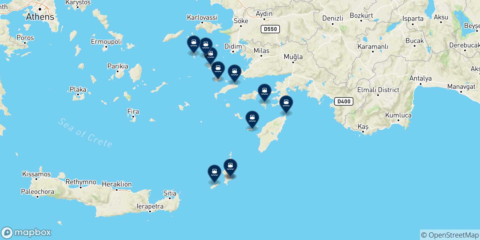 Mappa delle possibili rotte tra Karpathos e le Isole Dodecaneso