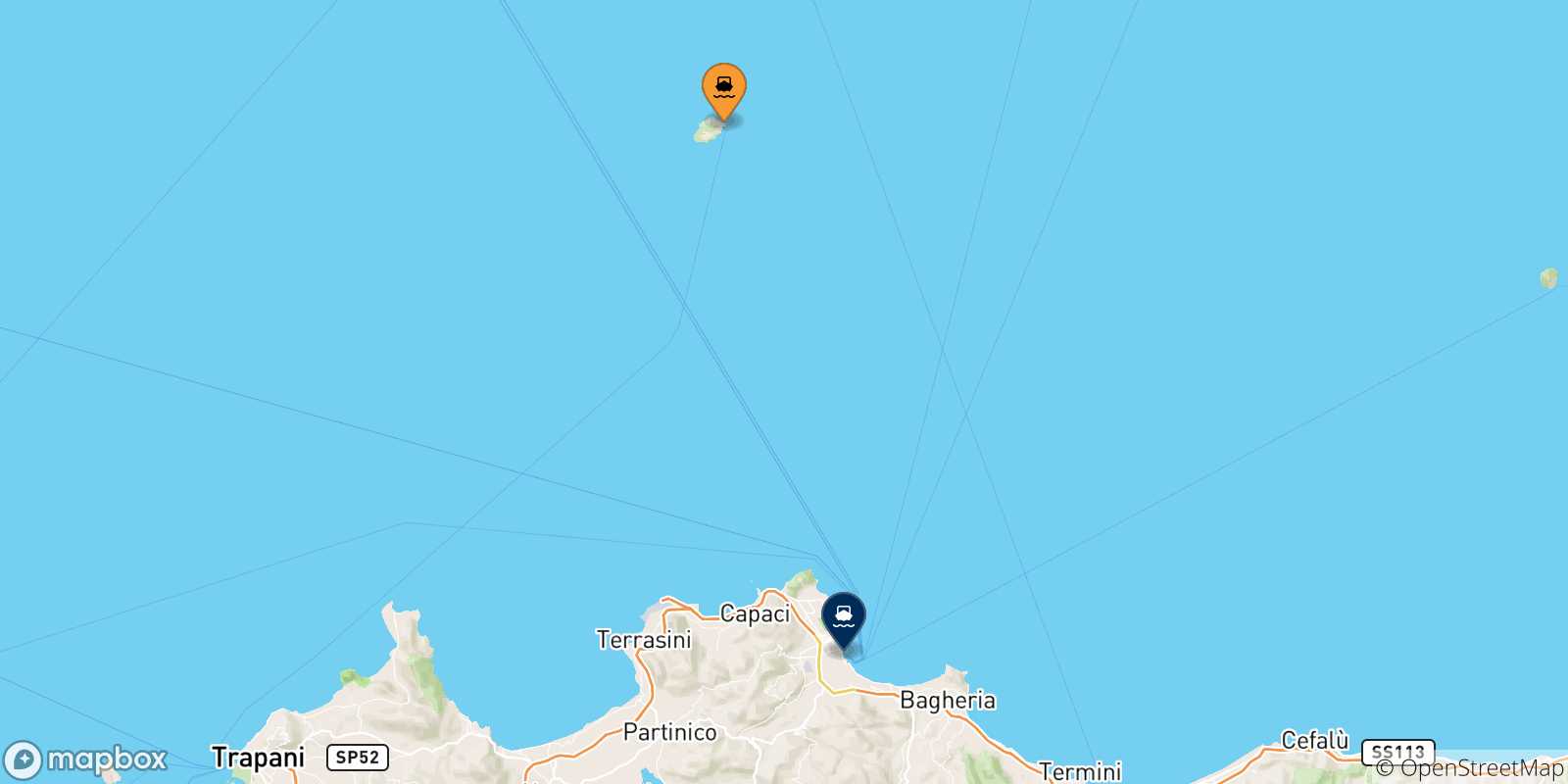 Mappa delle possibili rotte tra l'Isola Di Ustica e Palermo