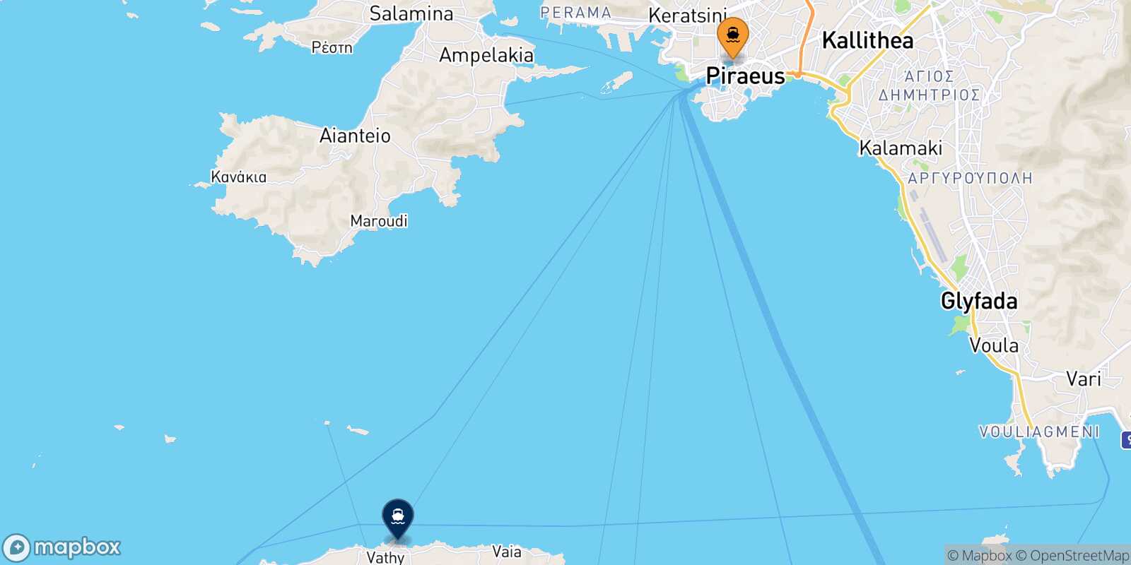 Mappa della rotta Pireo Souvala (Aegina)