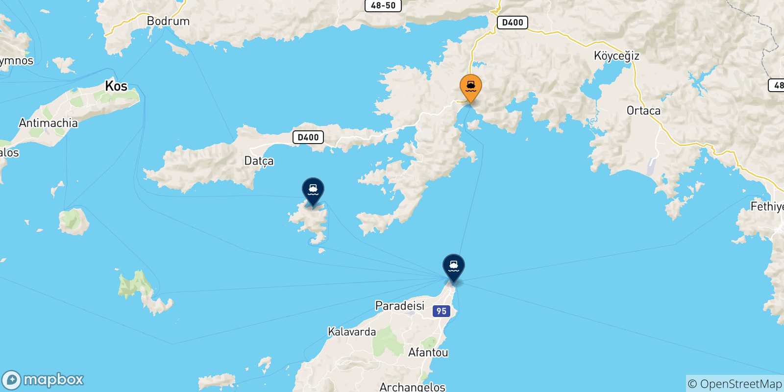 Mappa delle possibili rotte tra Marmaris e la Grecia
