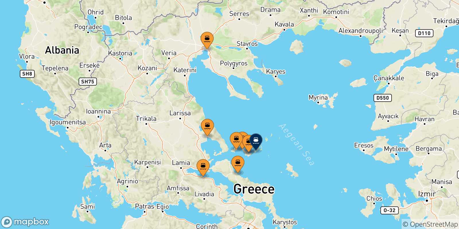 Mappa delle possibili rotte tra la Grecia e Alonissos