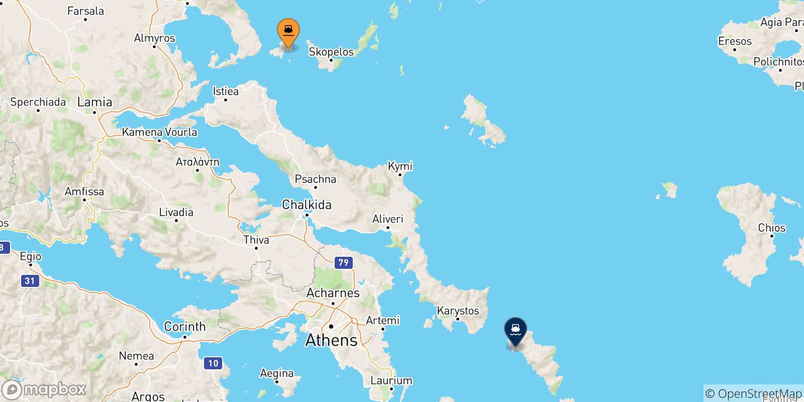 Mappa delle possibili rotte tra le Isole Sporadi e Andros