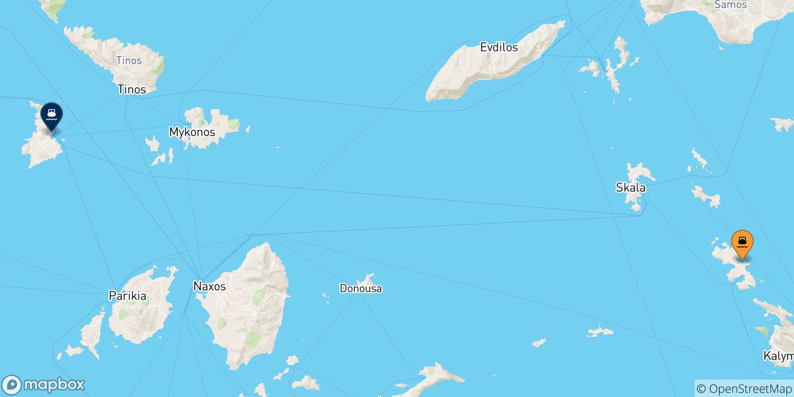 Mappa delle possibili rotte tra Leros e le Isole Cicladi