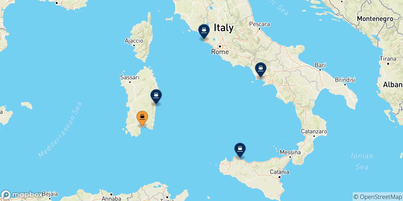 Mappa delle possibili rotte tra Cagliari e l'Italia