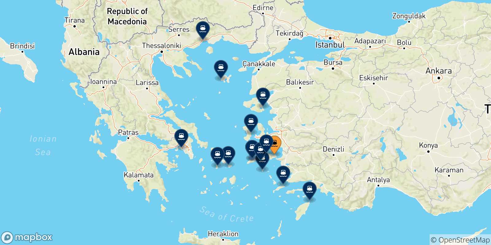 Mappa delle possibili rotte tra Vathi (Samos) e la Grecia