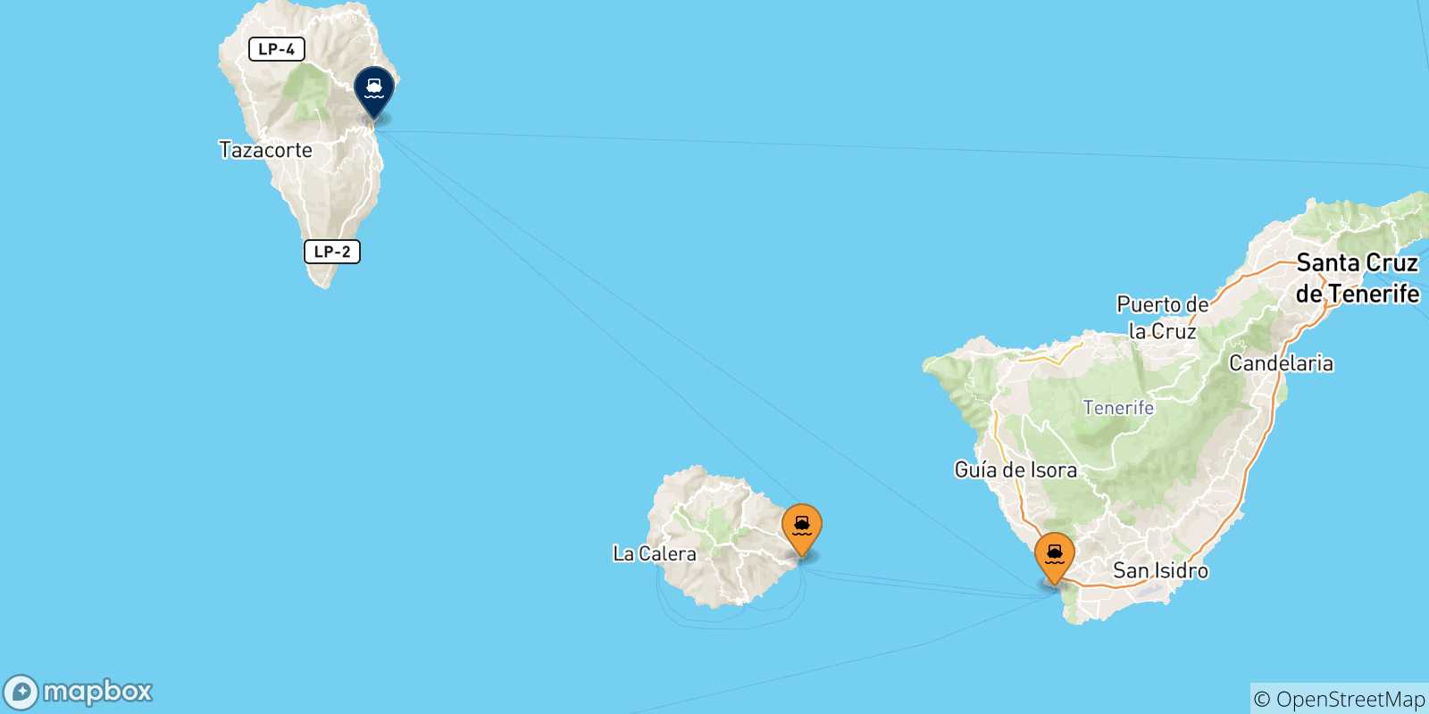 Mappa delle possibili rotte tra la Spagna e Santa Cruz De La Palma