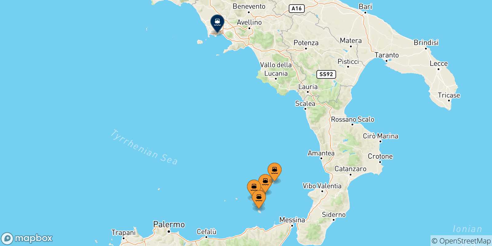 Mappa delle possibili rotte tra le Isole Eolie e Napoli Mergellina