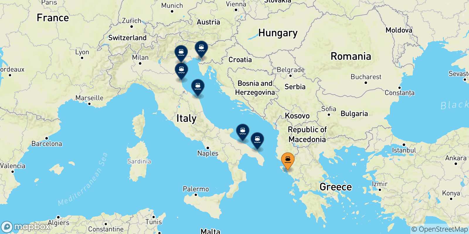 Mappa delle possibili rotte tra Igoumenitsa e l'Italia