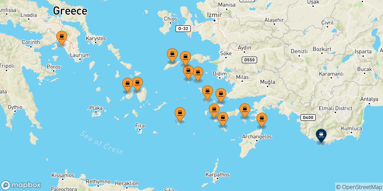 Mappa delle possibili rotte tra la Grecia e Kastellorizo