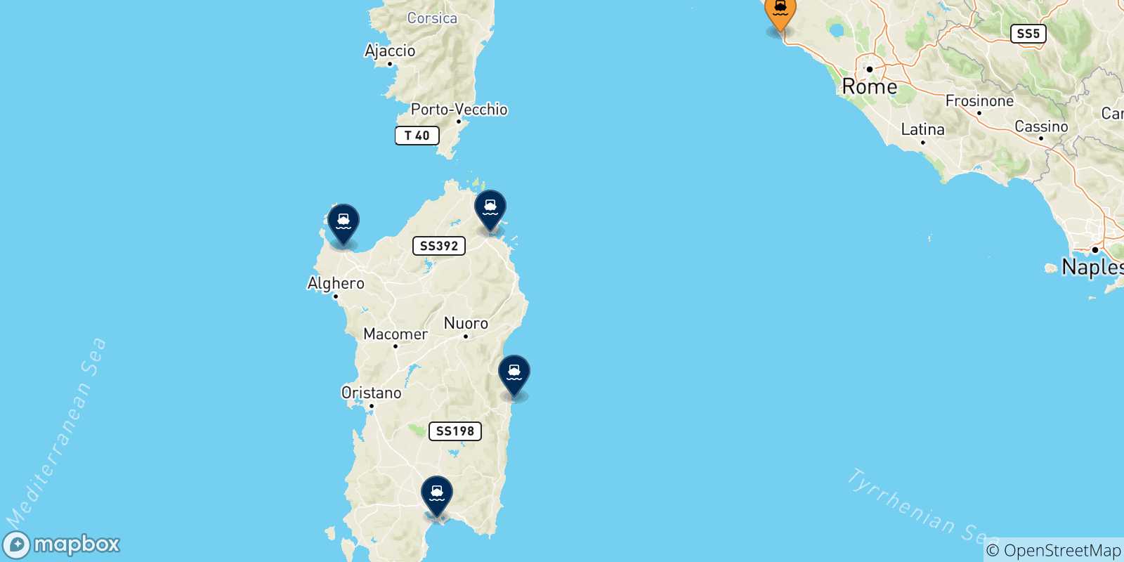 Mappa delle possibili rotte tra Civitavecchia e la Sardegna