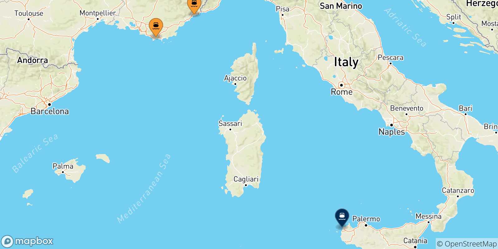 Mappa delle possibili rotte tra la Francia e la Sicilia