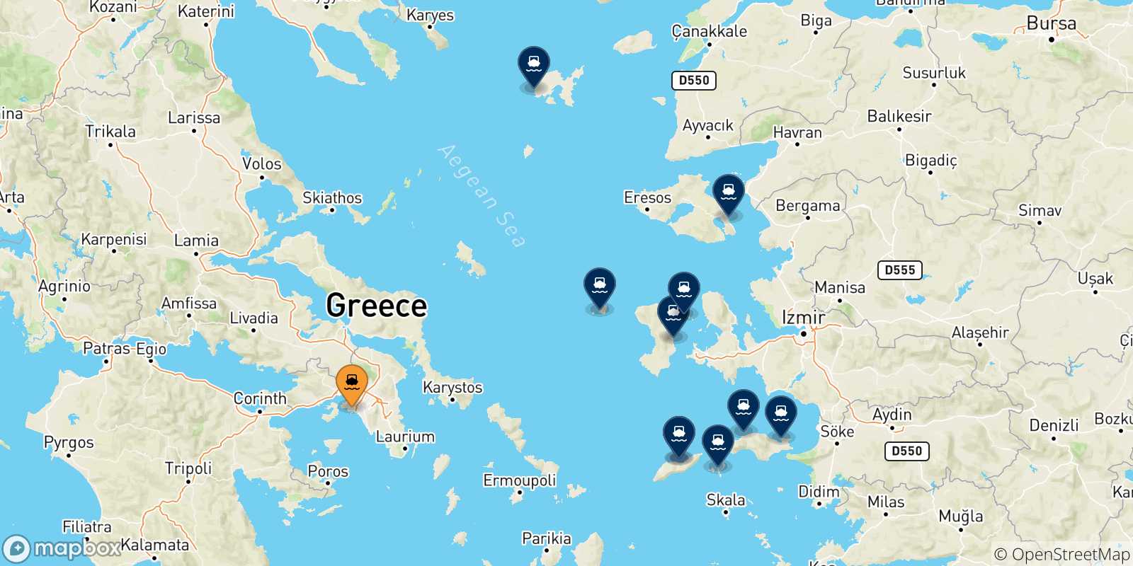 Mappa delle possibili rotte tra Pireo e le Isole Egeo Nord Orientale