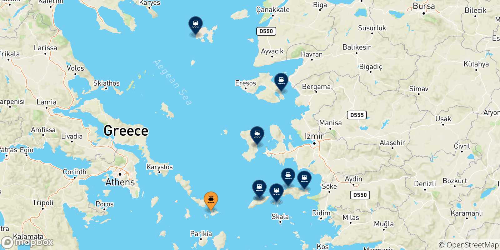 Mappa delle possibili rotte tra Mykonos e le Isole Egeo Nord Orientale