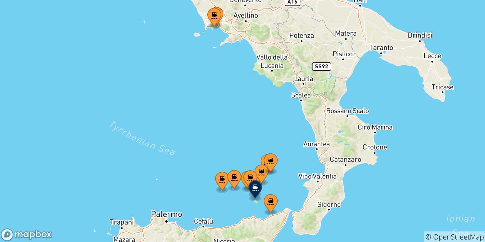 Mappa delle possibili rotte tra l'Italia e Vulcano