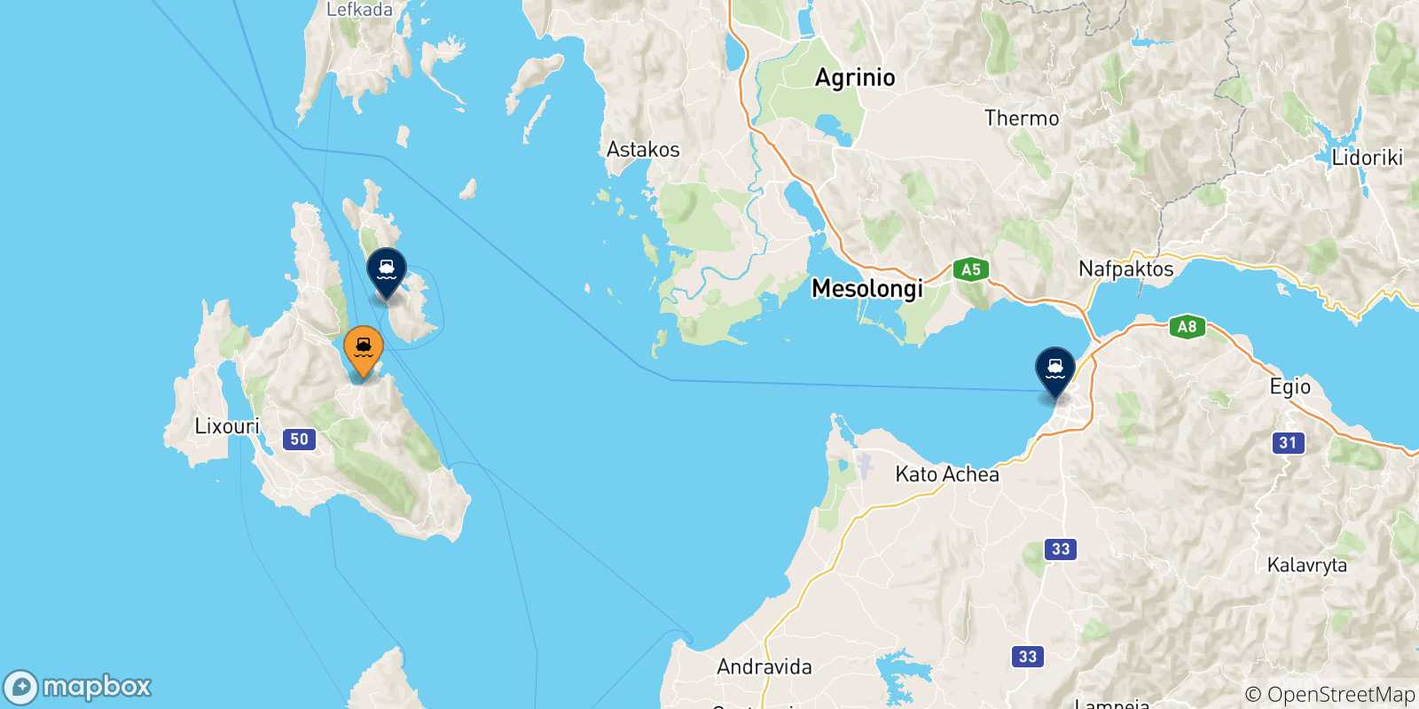 Mappa delle possibili rotte tra Sami (Cefalonia) e la Grecia