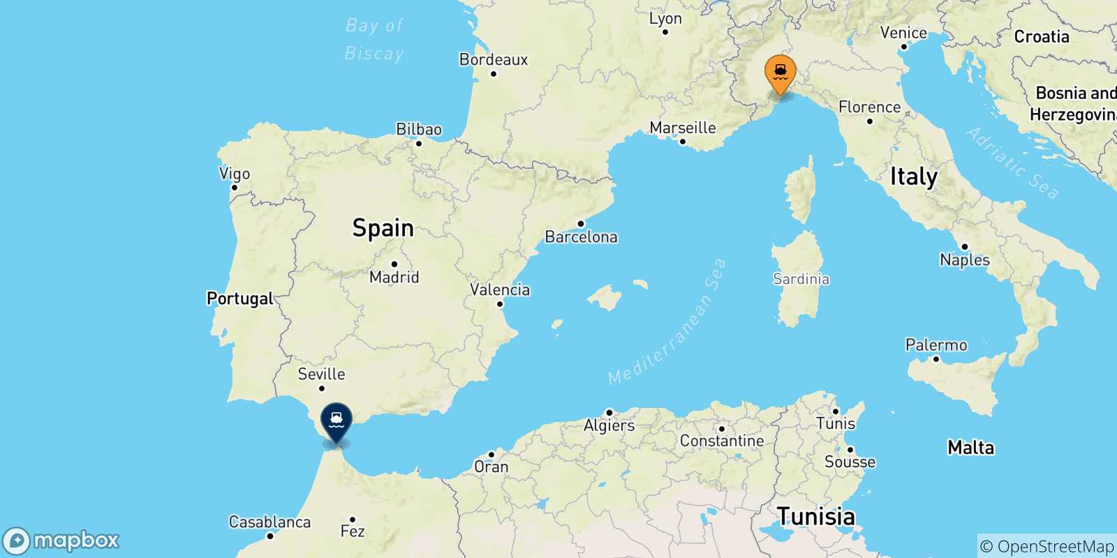 Mappa delle possibili rotte tra Savona e il Marocco