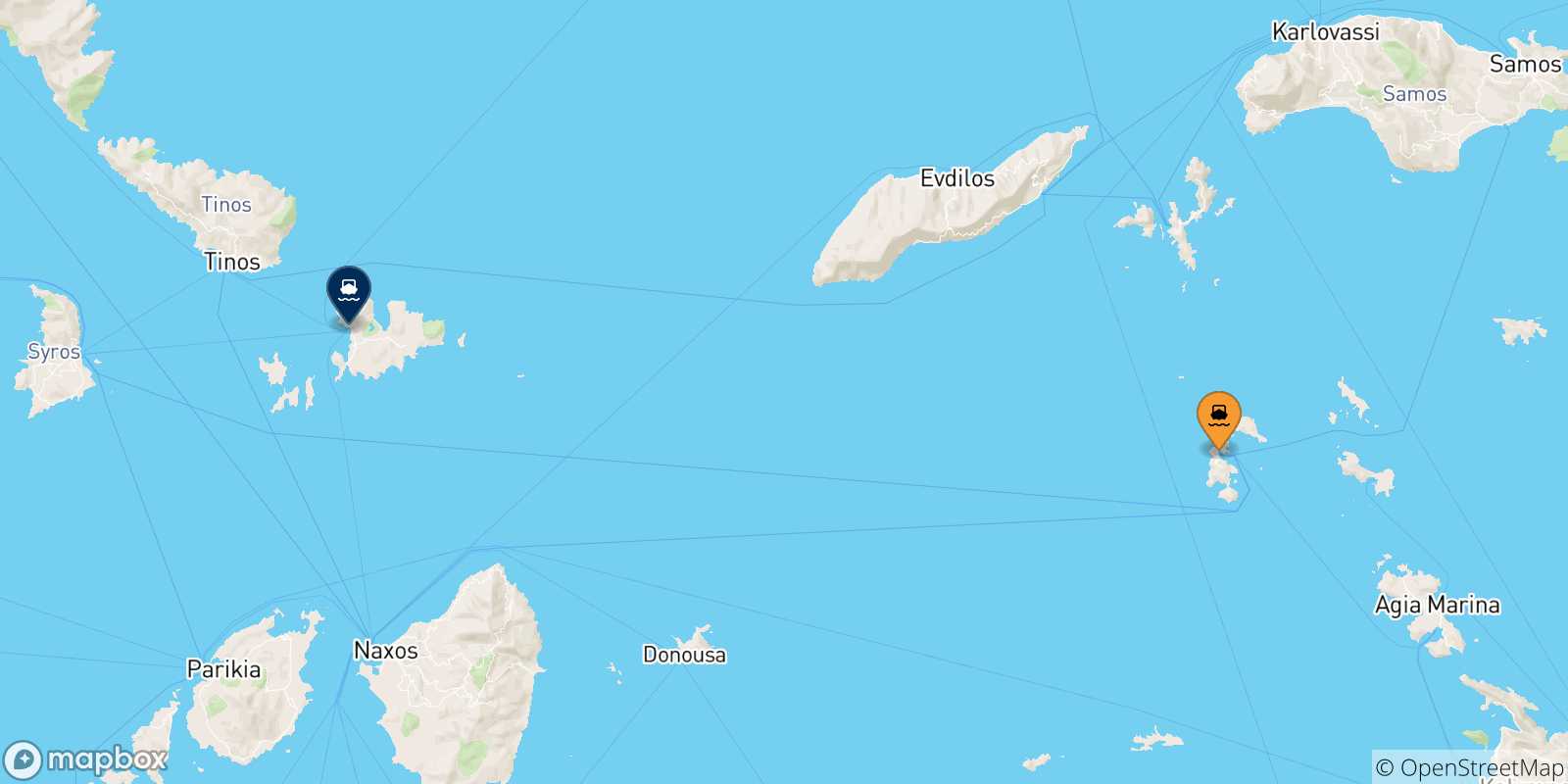 Mappa delle possibili rotte tra le Isole Dodecaneso e Mykonos