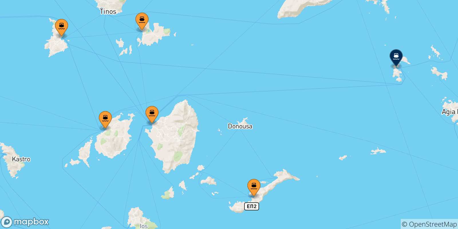 Mappa delle possibili rotte tra le Isole Cicladi e Patmos