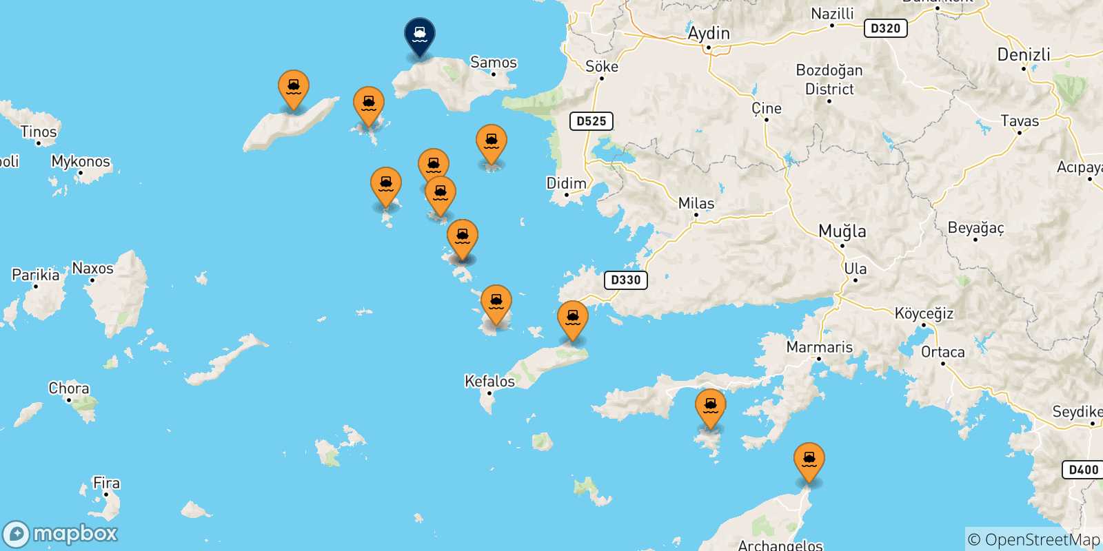 Mappa delle possibili rotte tra la Grecia e Pythagorio (Samos)