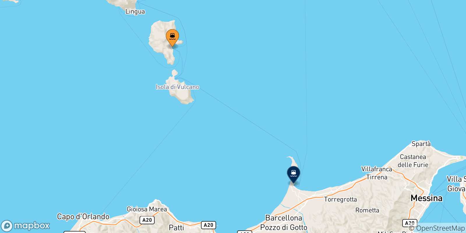 Mappa delle possibili rotte tra Lipari e la Sicilia