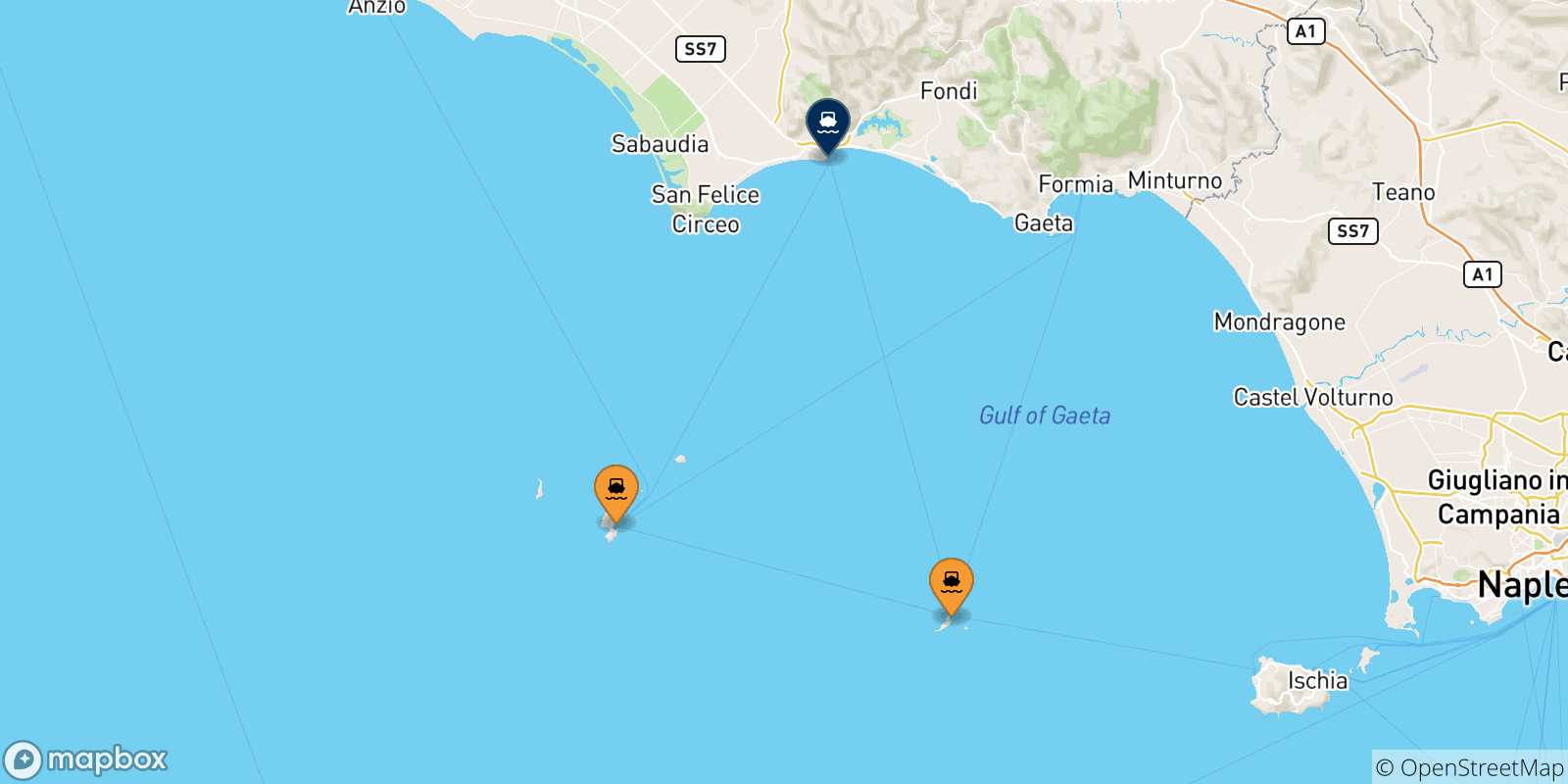 Mappa delle possibili rotte tra le Isole Pontine e Terracina