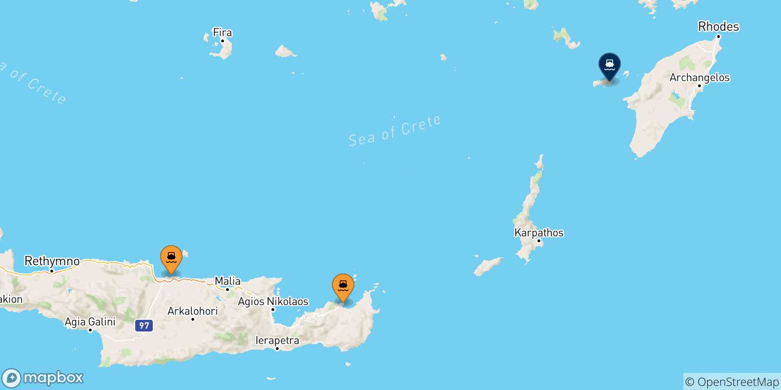 Mappa delle possibili rotte tra Creta e Chalki