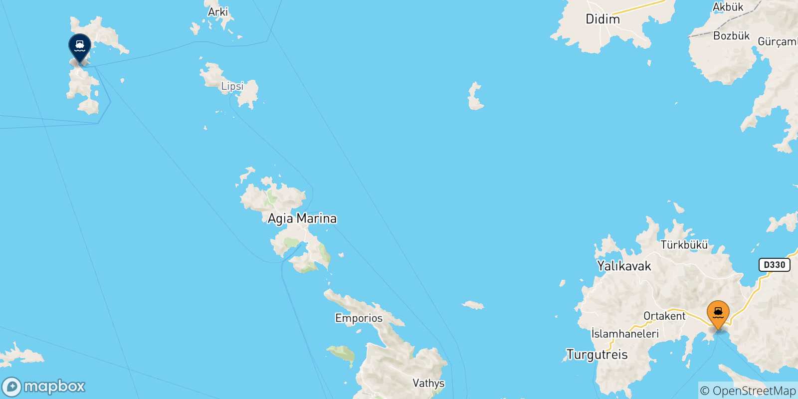 Mappa delle possibili rotte tra la Turchia e Patmos