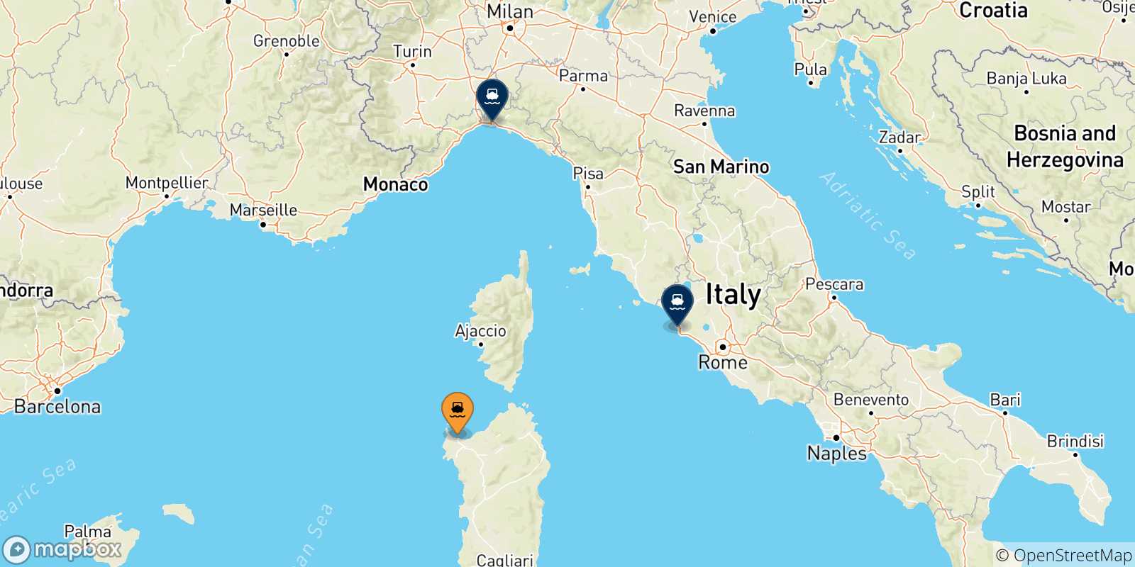 Mappa delle possibili rotte tra Porto Torres e l'Italia