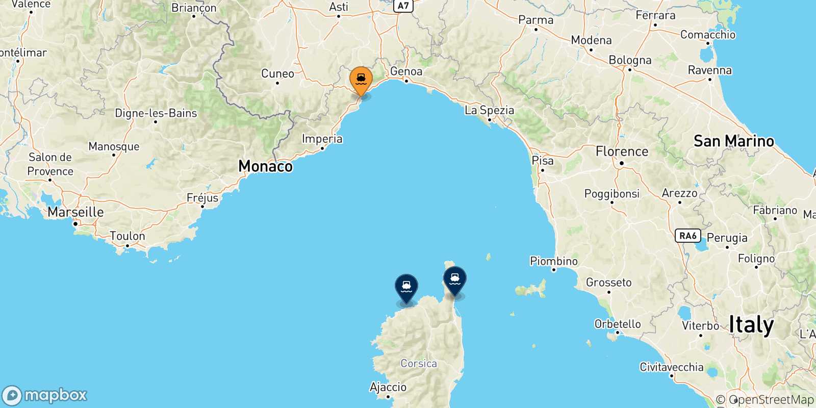 Mappa delle possibili rotte tra Savona e la Corsica