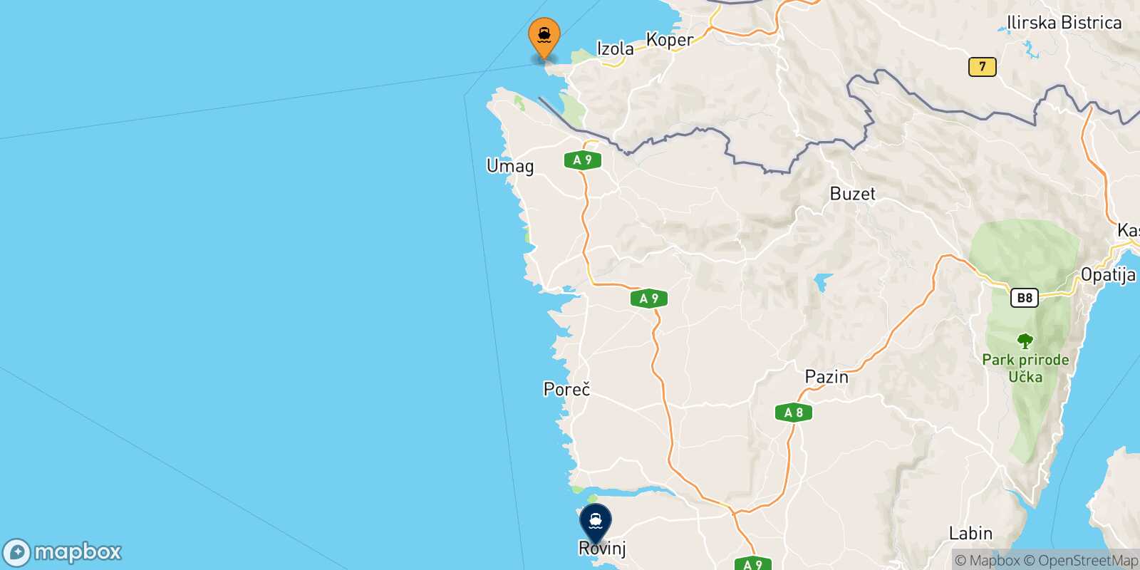 Mappa dei porti collegati con  Rovigno