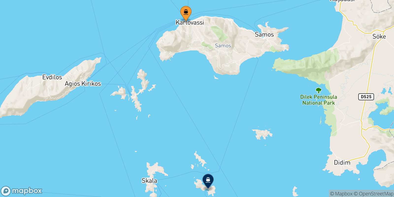 Mappa della rotta Pythagorio (Samos) Lipsi