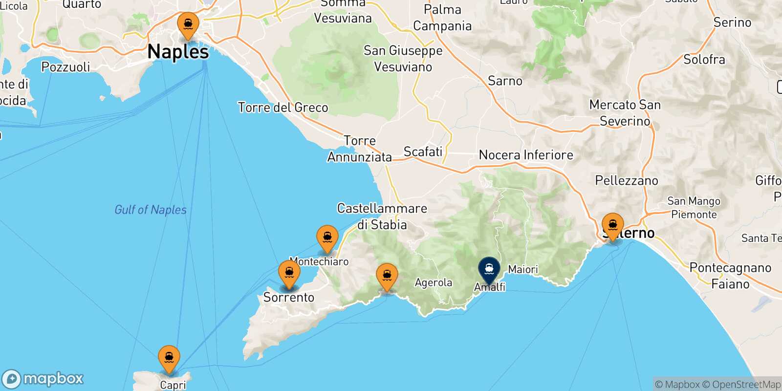 Mappa dei porti collegati con  Amalfi