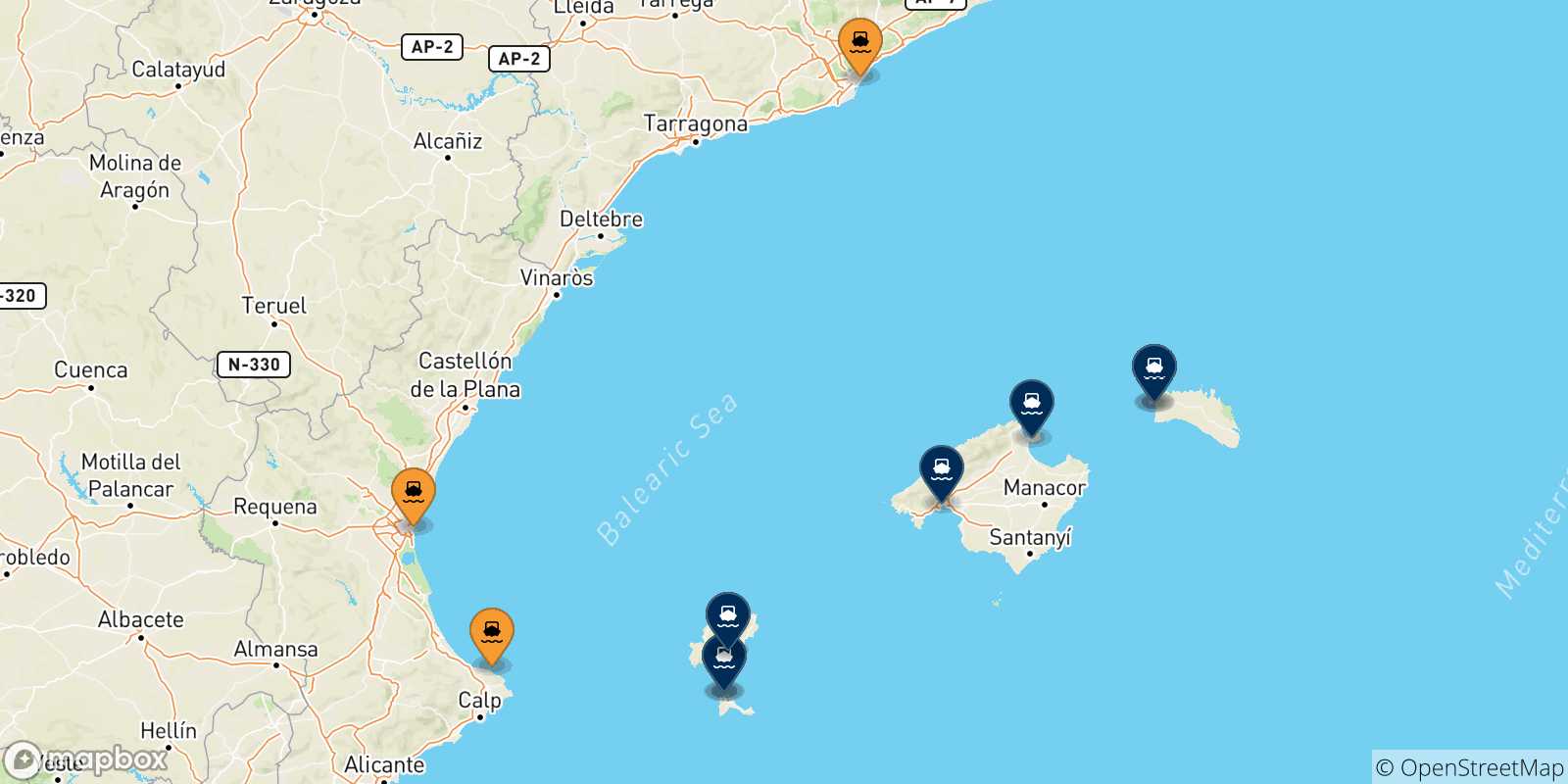 Mappa delle possibili rotte tra la Spagna e le Isole Baleari