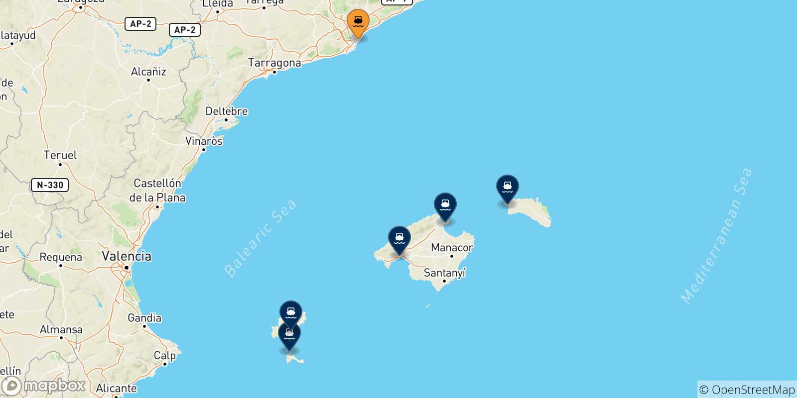 Mappa delle possibili rotte tra Barcellona e le Isole Baleari