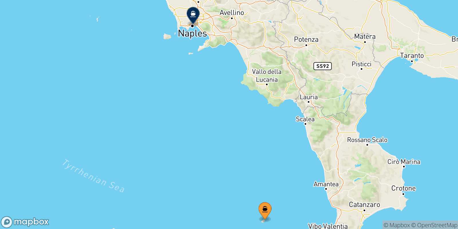 Mappa della rotta Stromboli Napoli