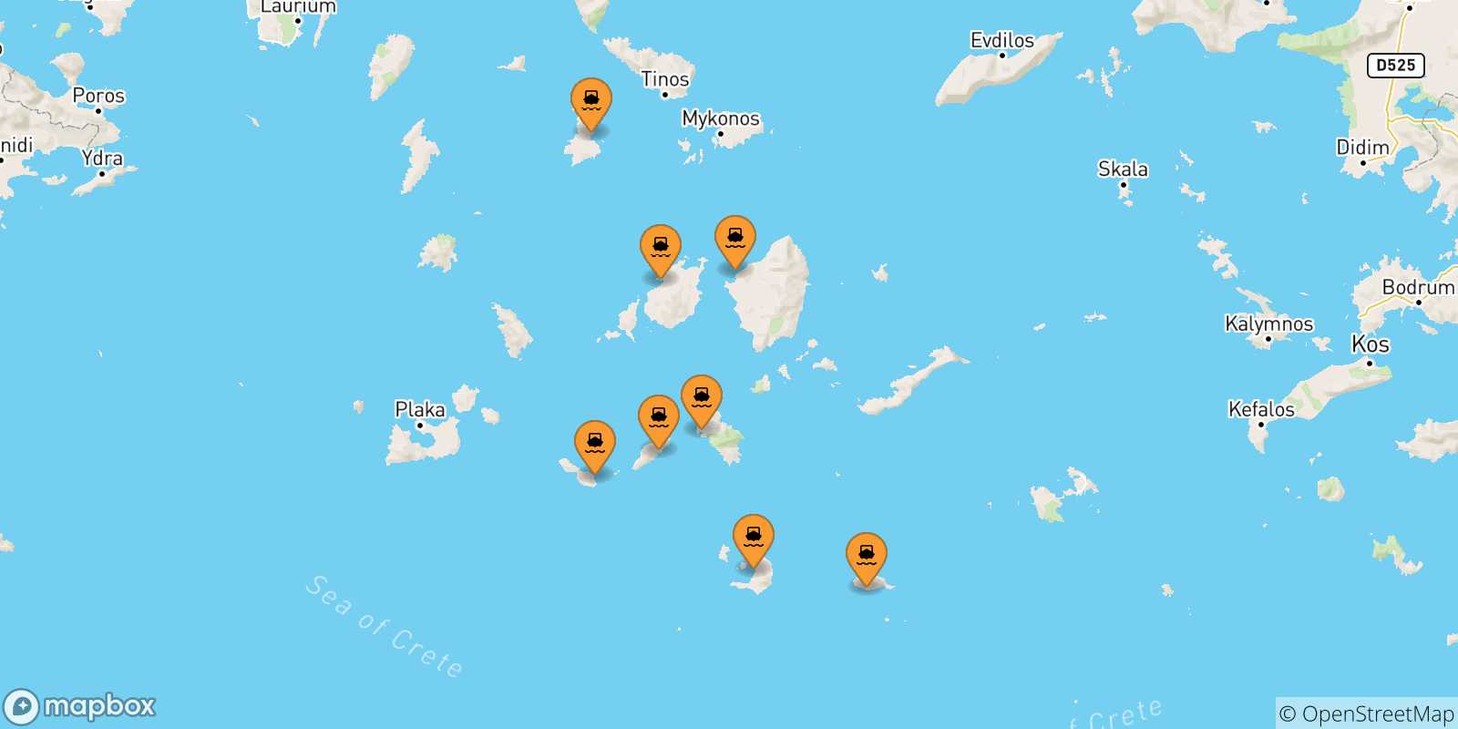 Mappa delle possibili rotte tra le Isole Cicladi e Thirassia