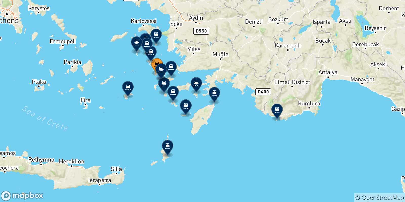 Mappa delle possibili rotte tra Kalymnos e le Isole Dodecaneso