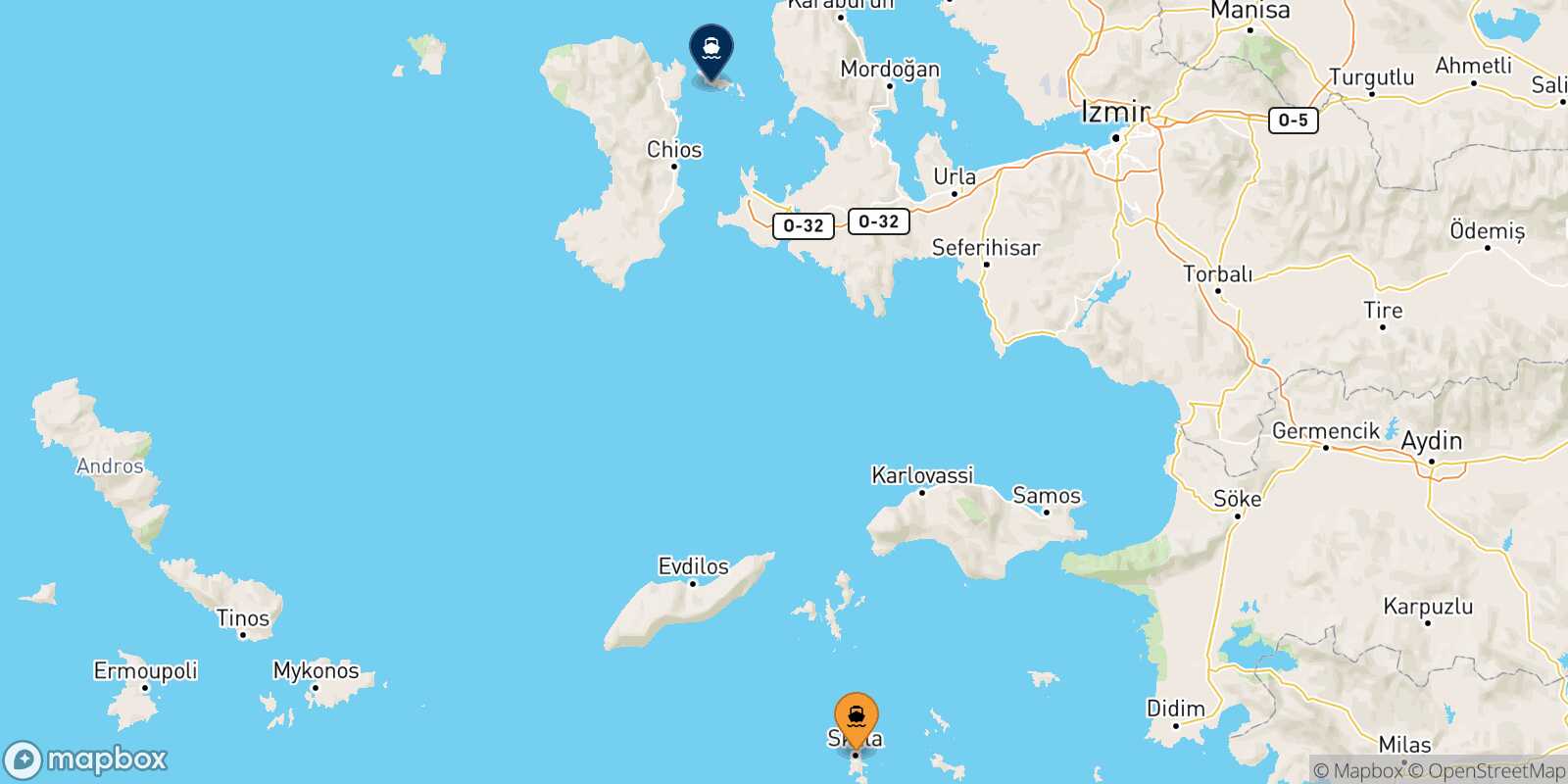 Mappa della rotta Patmos Inousses