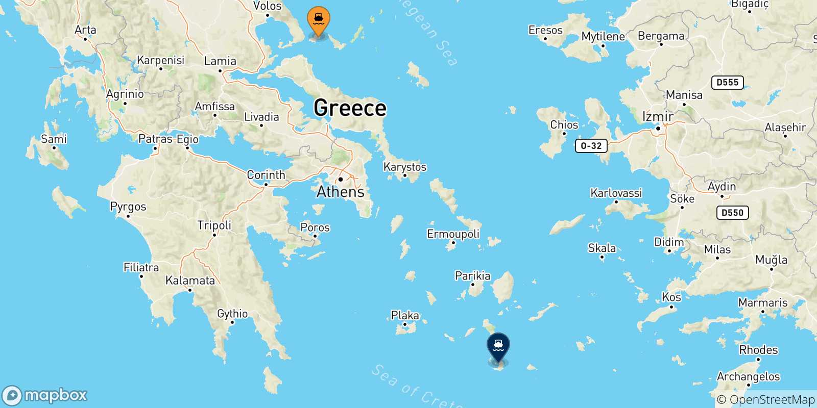 Mappa delle possibili rotte tra le Isole Sporadi e Santorini