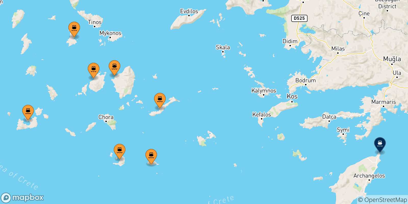 Mappa delle possibili rotte tra le Isole Cicladi e Rodi