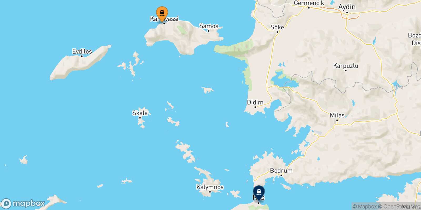 Mappa della rotta Pythagorio (Samos) Kos