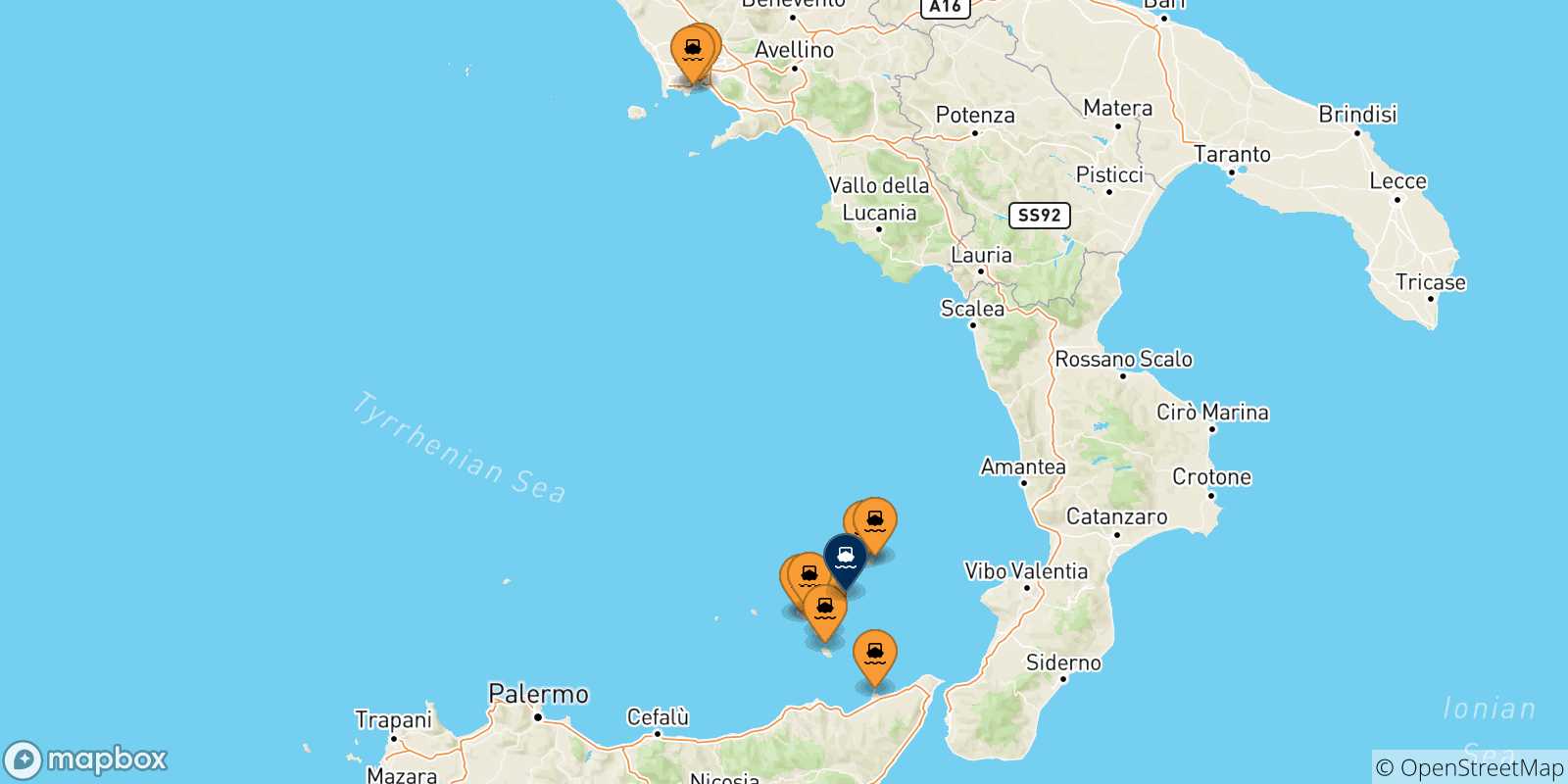 Mappa delle possibili rotte tra l'Italia e Panarea