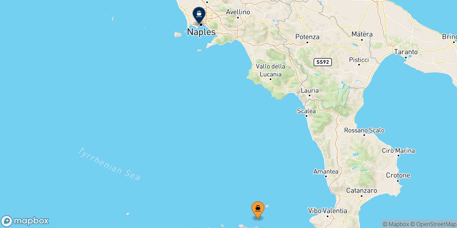 Mappa della rotta Panarea Napoli Mergellina