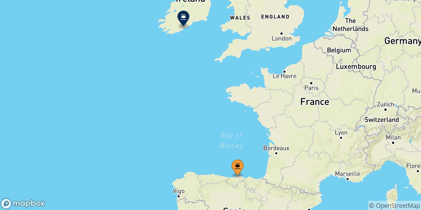 Mappa delle possibili rotte tra Santander e l'Irlanda