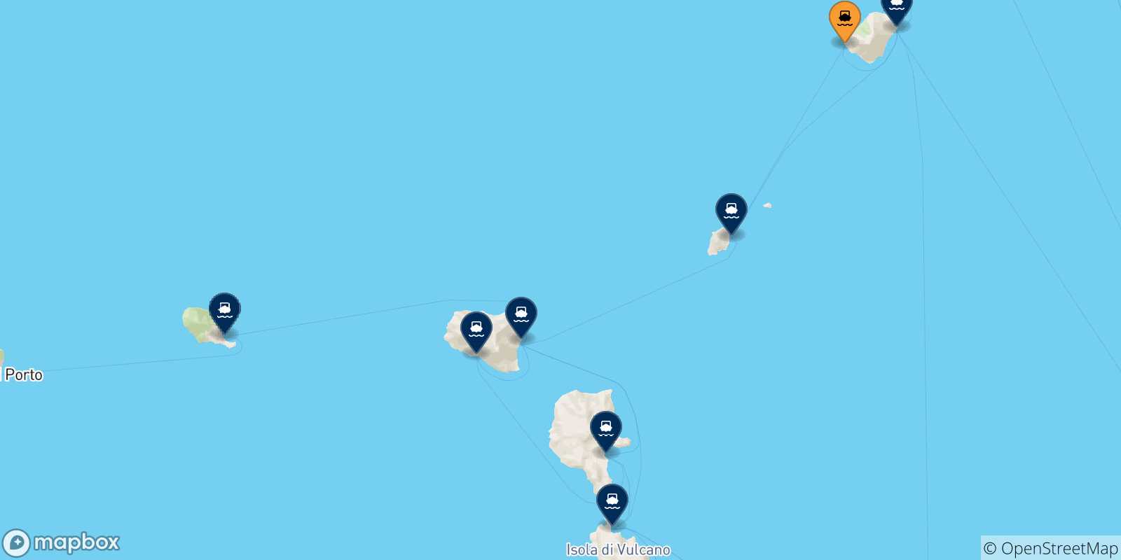 Mappa delle possibili rotte tra Ginostra (Stromboli) e le Isole Eolie