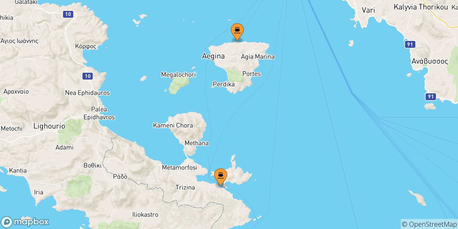 Mappa delle possibili rotte tra le Isole Saroniche e Agia Marina (Aegina)