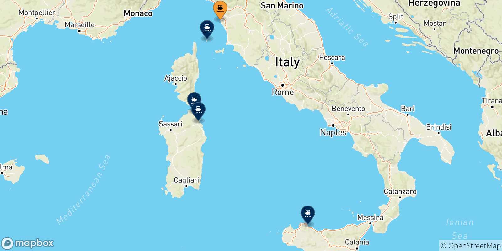Mappa delle possibili rotte tra Livorno e l'Italia