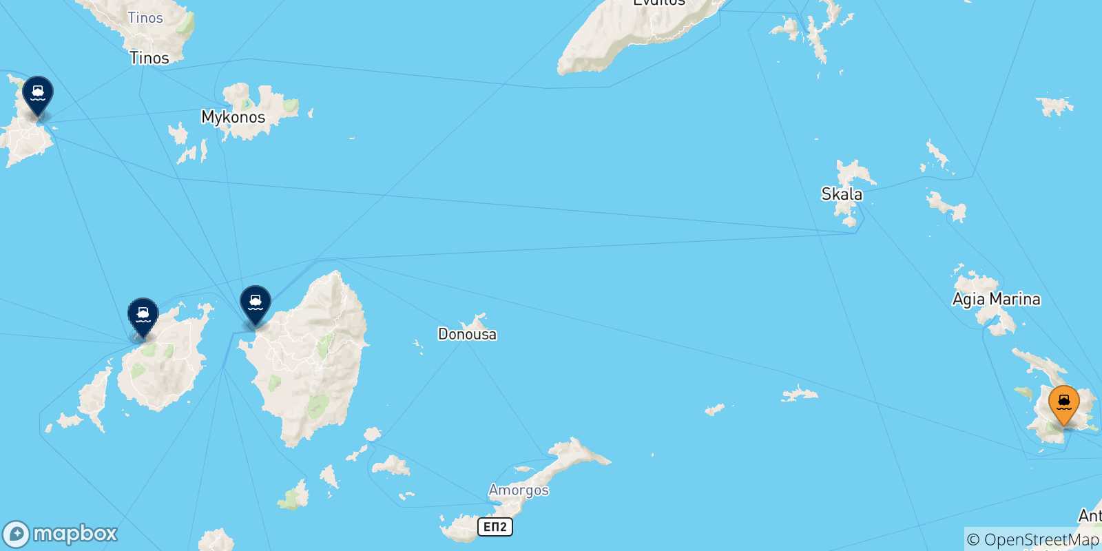 Mappa delle possibili rotte tra Kalymnos e le Isole Cicladi