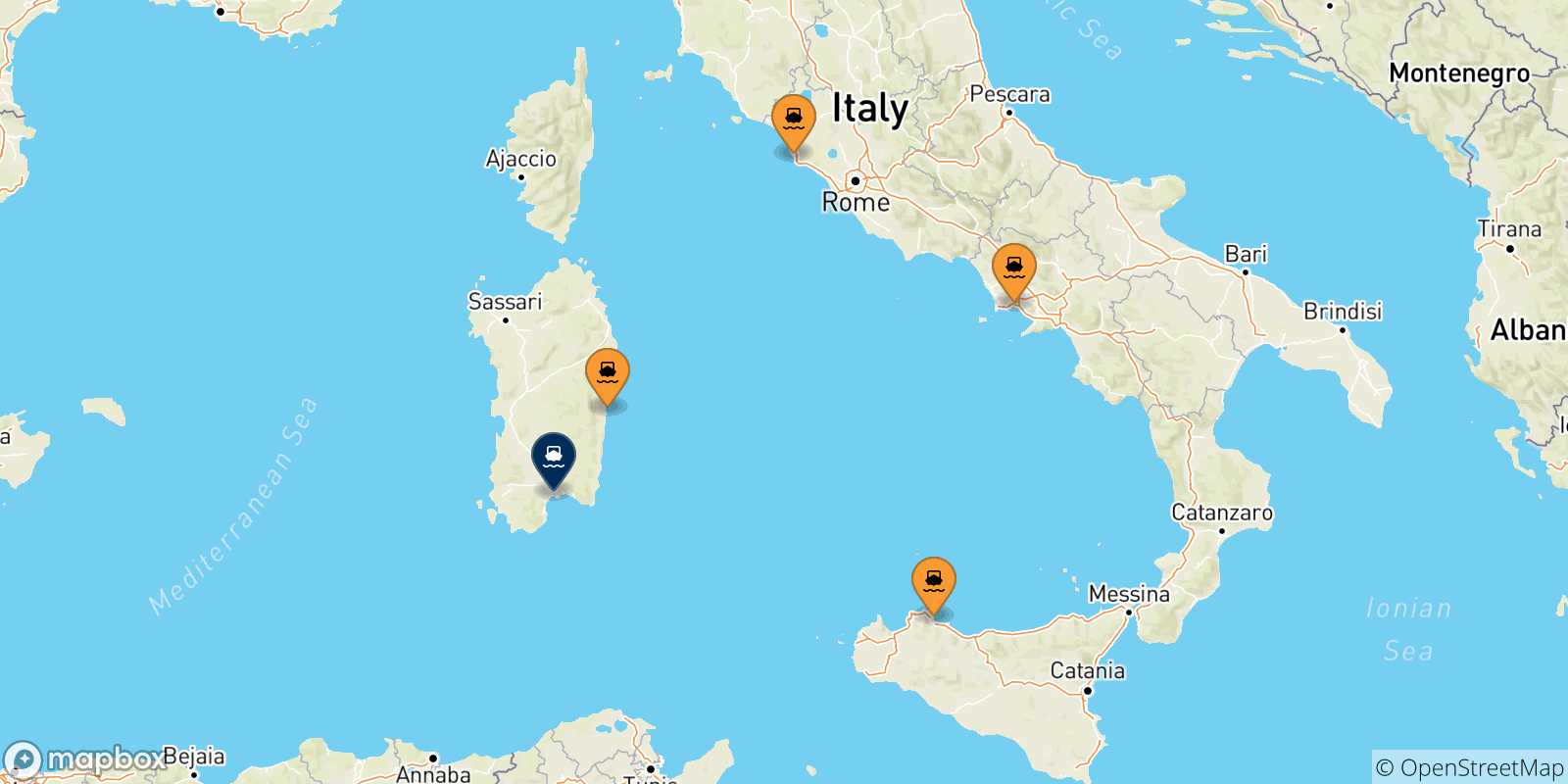 Mappa delle possibili rotte tra l'Italia e Cagliari
